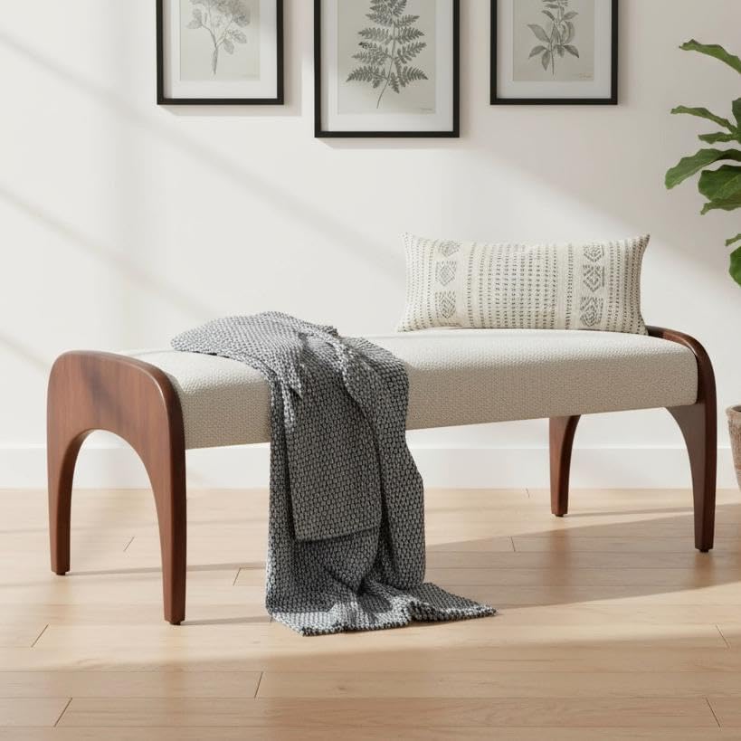 Beige Fur Bench With Walnut Legs