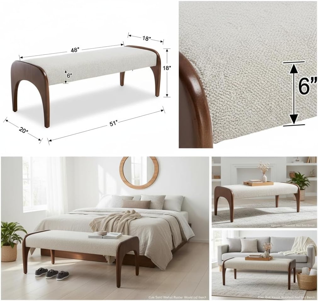 Beige Fur Bench With Walnut Legs