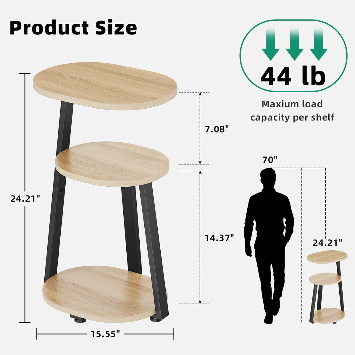 Oval Oak 3‑Tier Metal Frame Side Table