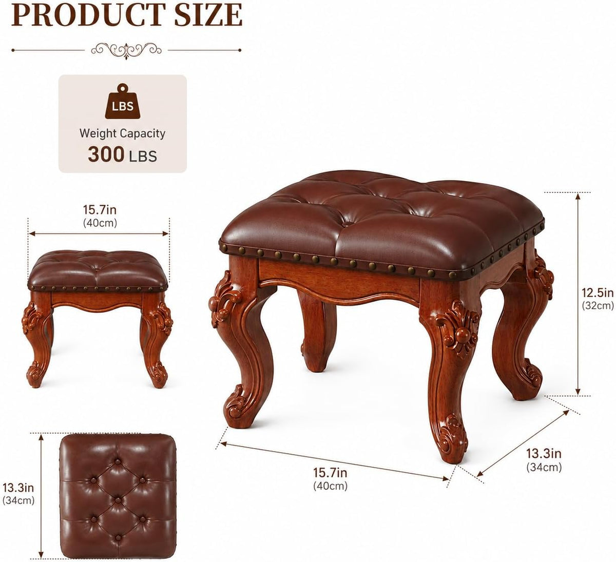 Brown Leather Vanity Stool With Carved Wood Legs