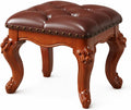 Brown Leather Vanity Stool With Carved Wood Legs