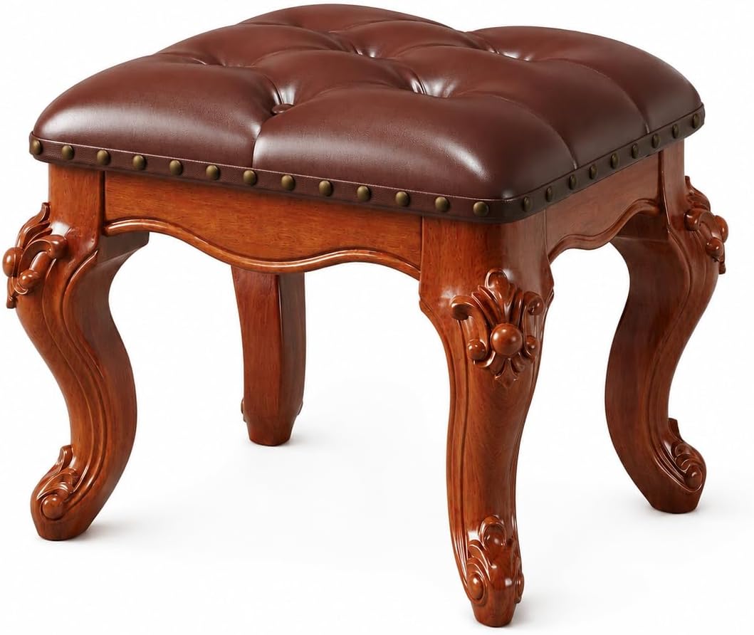 Brown Leather Vanity Stool With Carved Wood Legs