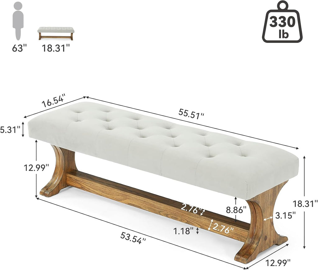 Light Gray Tufted Wood Bench
