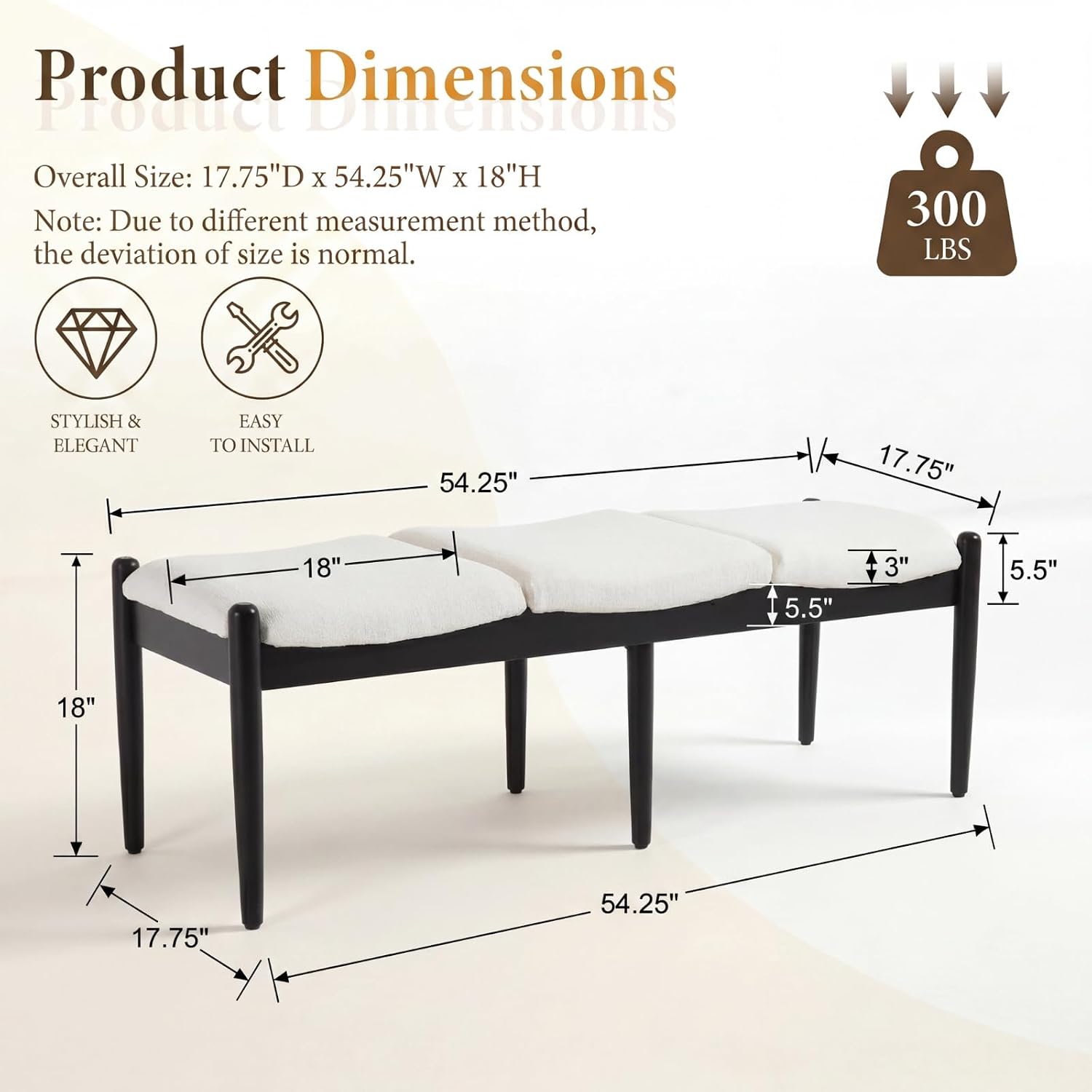 54 Inch White Linen Bench With Wood Legs