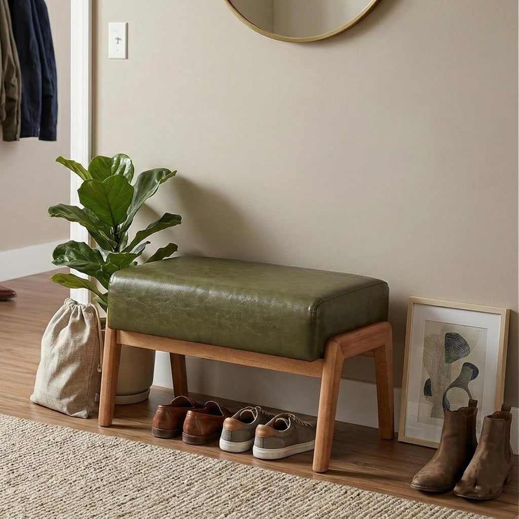 Green Faux Leather Walnut Ottoman