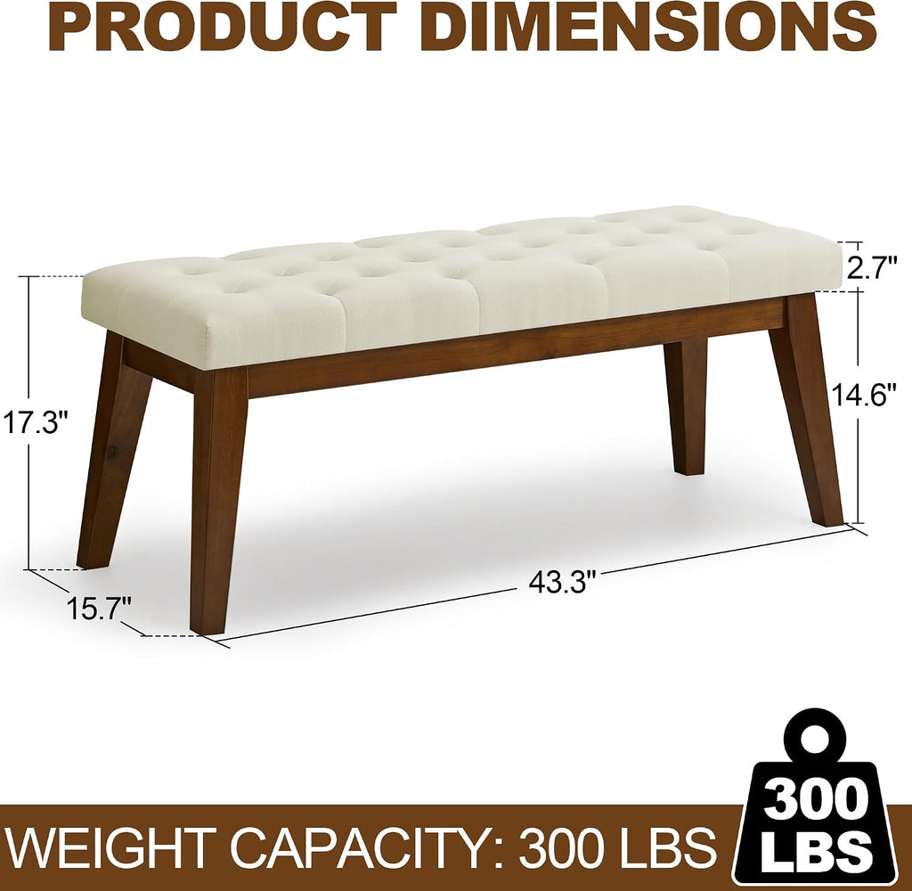Beige Tufted Linen Wood Bench