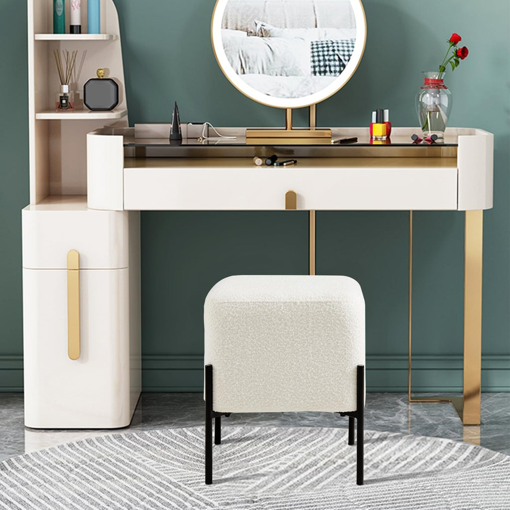 Square Boucle Vanity Stool With Metal Legs