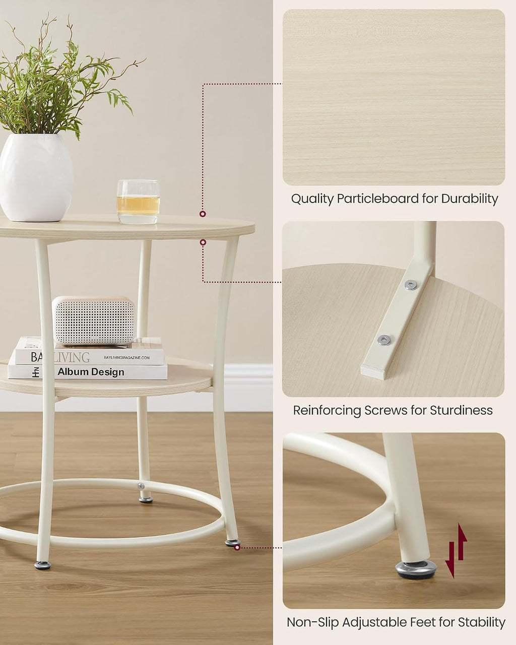 21.7" Beige 2‑Tier Round Side Table