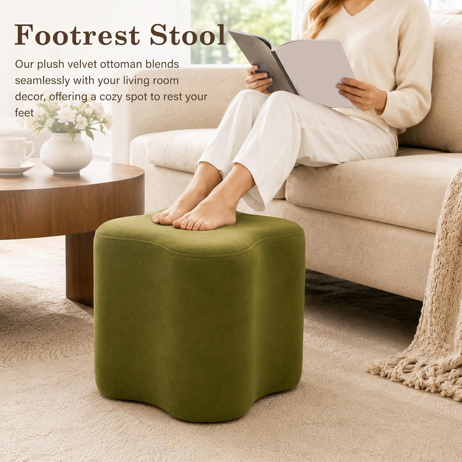 Flower‑Shaped Velvet Vanity Ottoman With Wooden Frame
