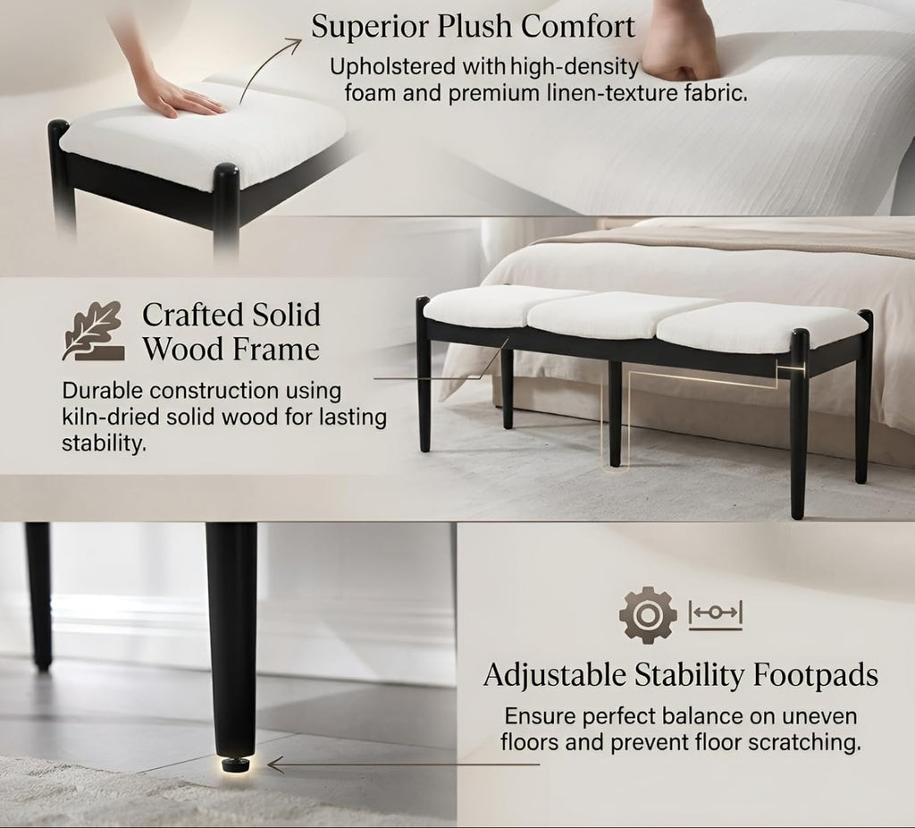 54 Inch White Linen Bench With Wood Legs