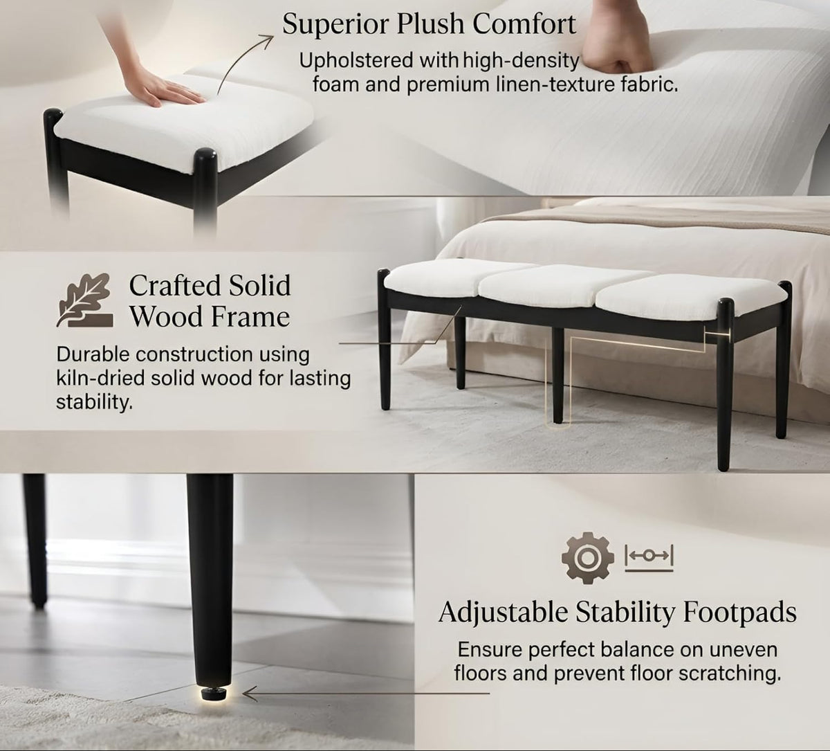54 Inch White Linen Bench With Wood Legs