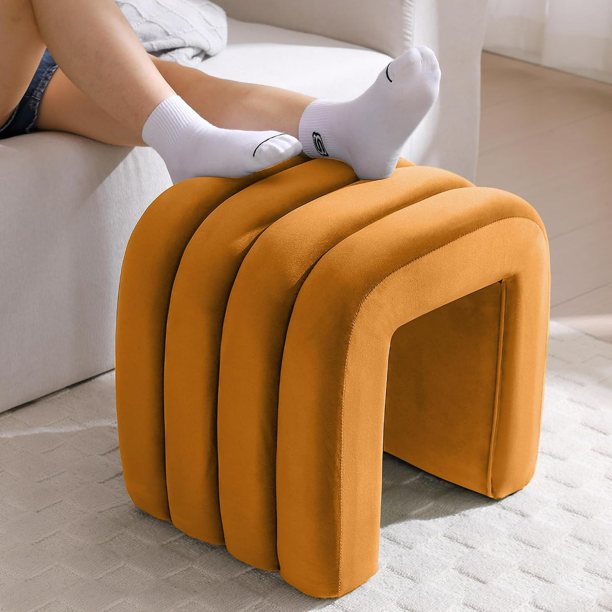 Orange Arch Velvet Ottoman Stool