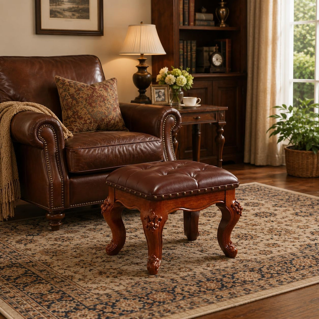 Brown Leather Vanity Stool With Carved Wood Legs