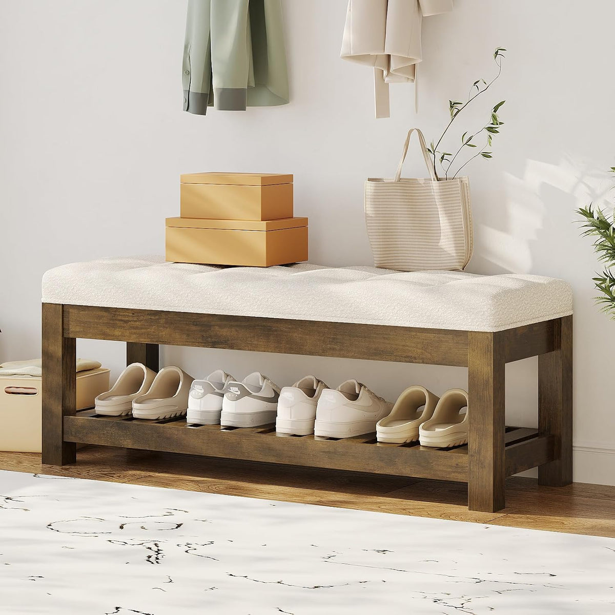 47.2" Tufted Linen Storage Ottoman Bench