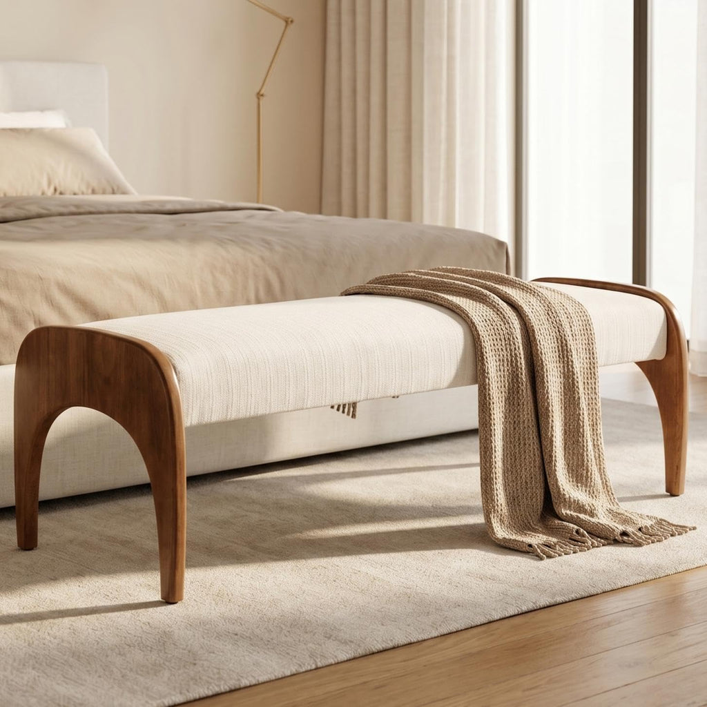 Beige Fur Bench With Walnut Legs