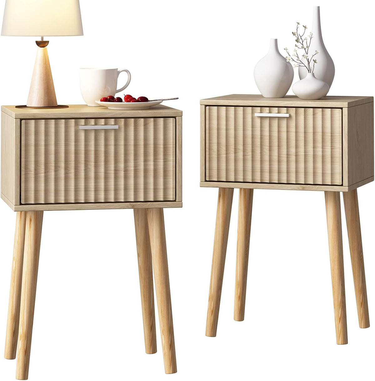 2‑Pack Fluted Door Nightstands Natural
