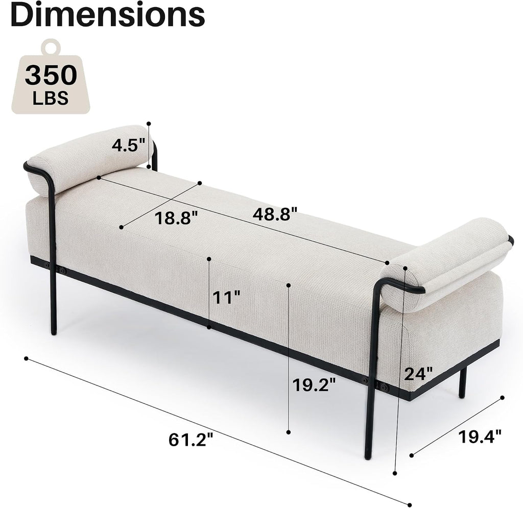 Beige Chenille Bench With Metal Legs