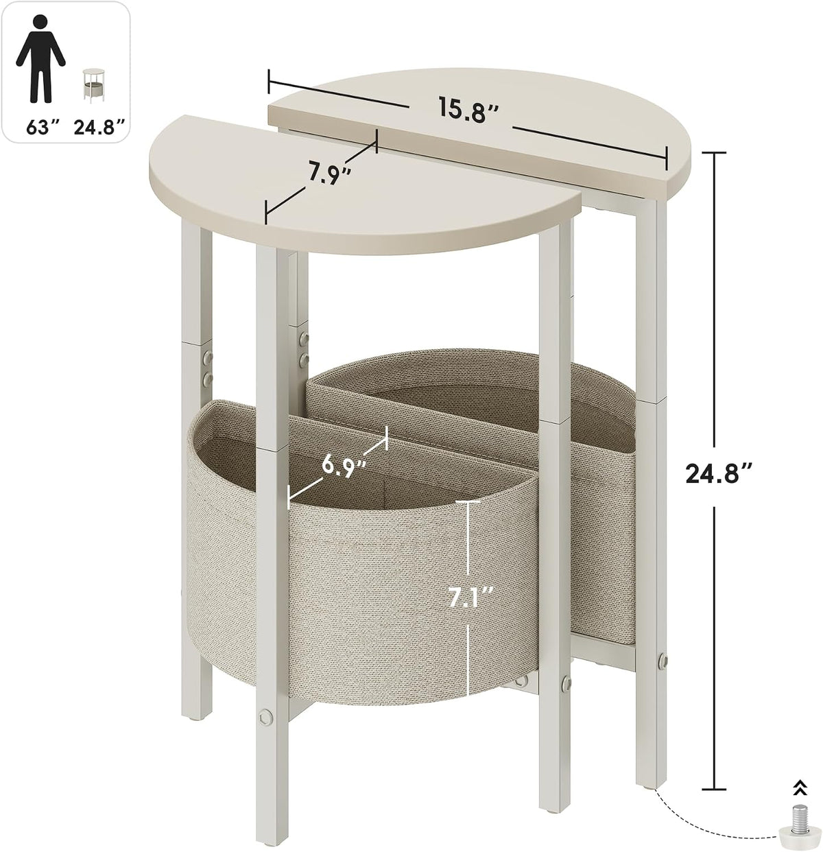 2‑Pack Cream Half Moon Side Tables With Basket