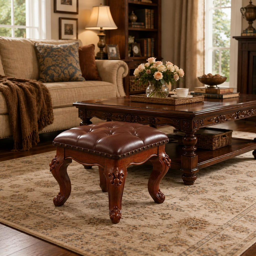 Brown Leather Vanity Stool With Carved Wood Legs