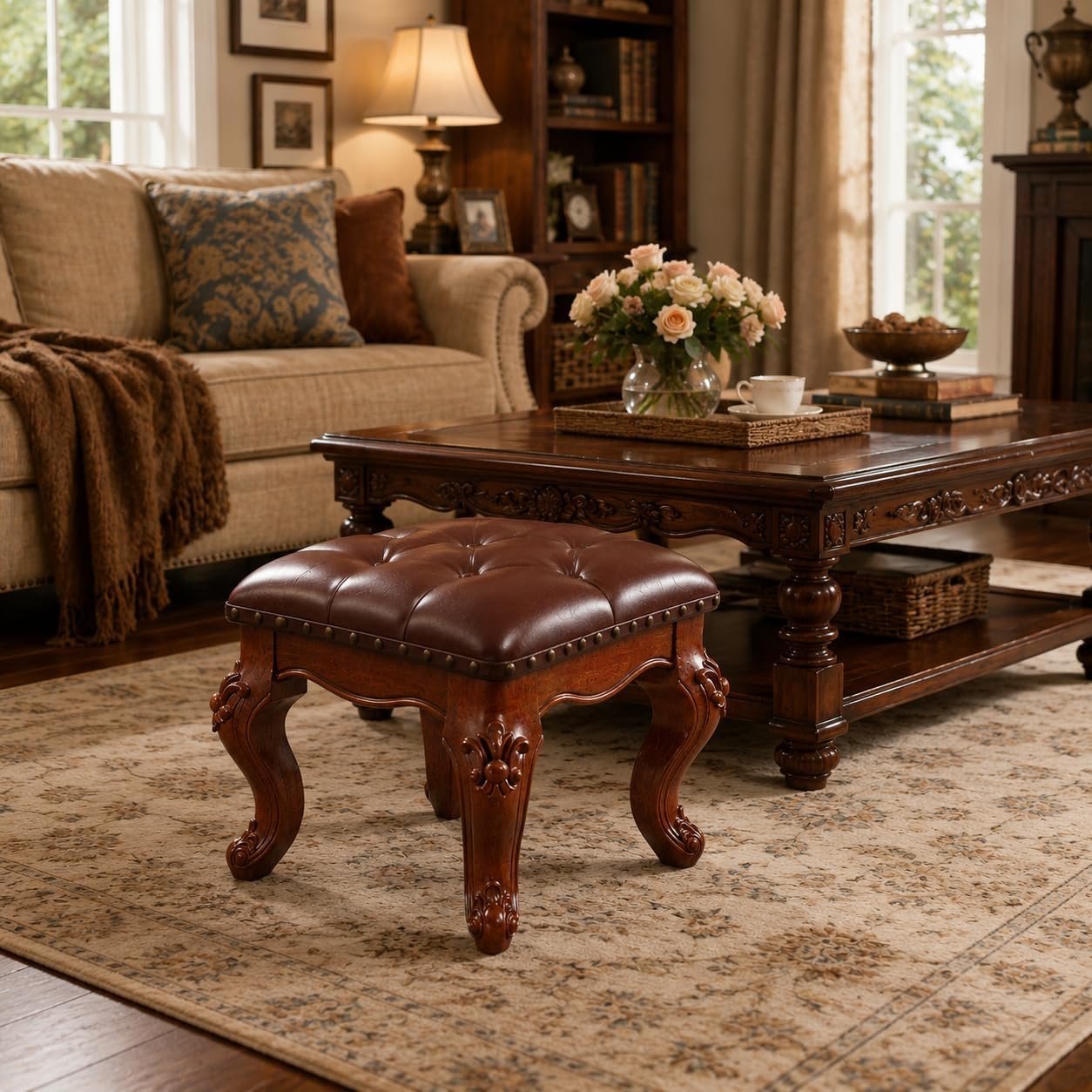 Brown Leather Vanity Stool With Carved Wood Legs