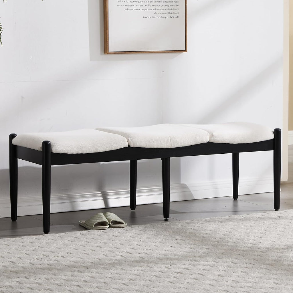 54 Inch White Linen Bench With Wood Legs
