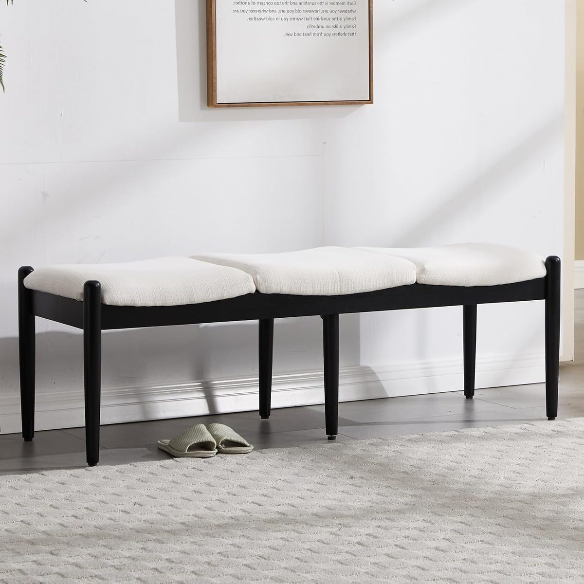 54 Inch White Linen Bench With Wood Legs