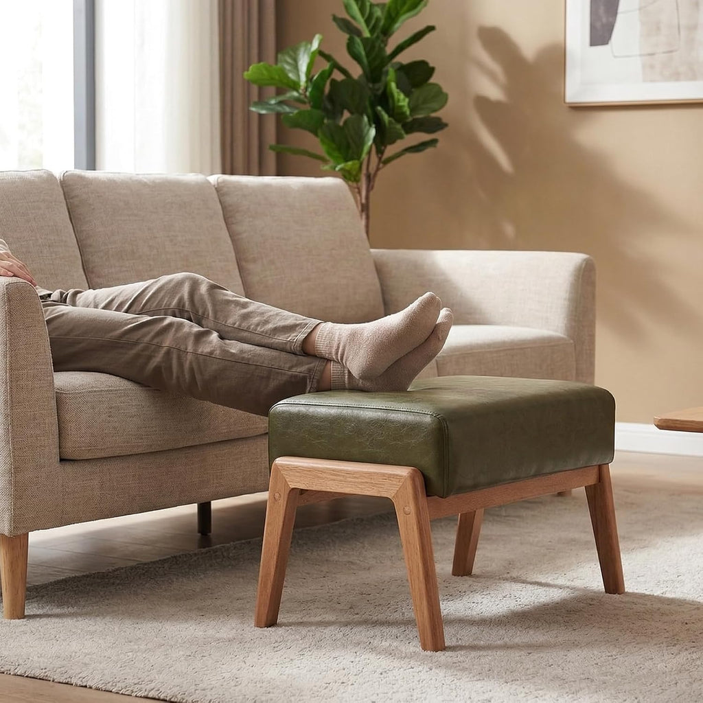 Green Faux Leather Walnut Ottoman