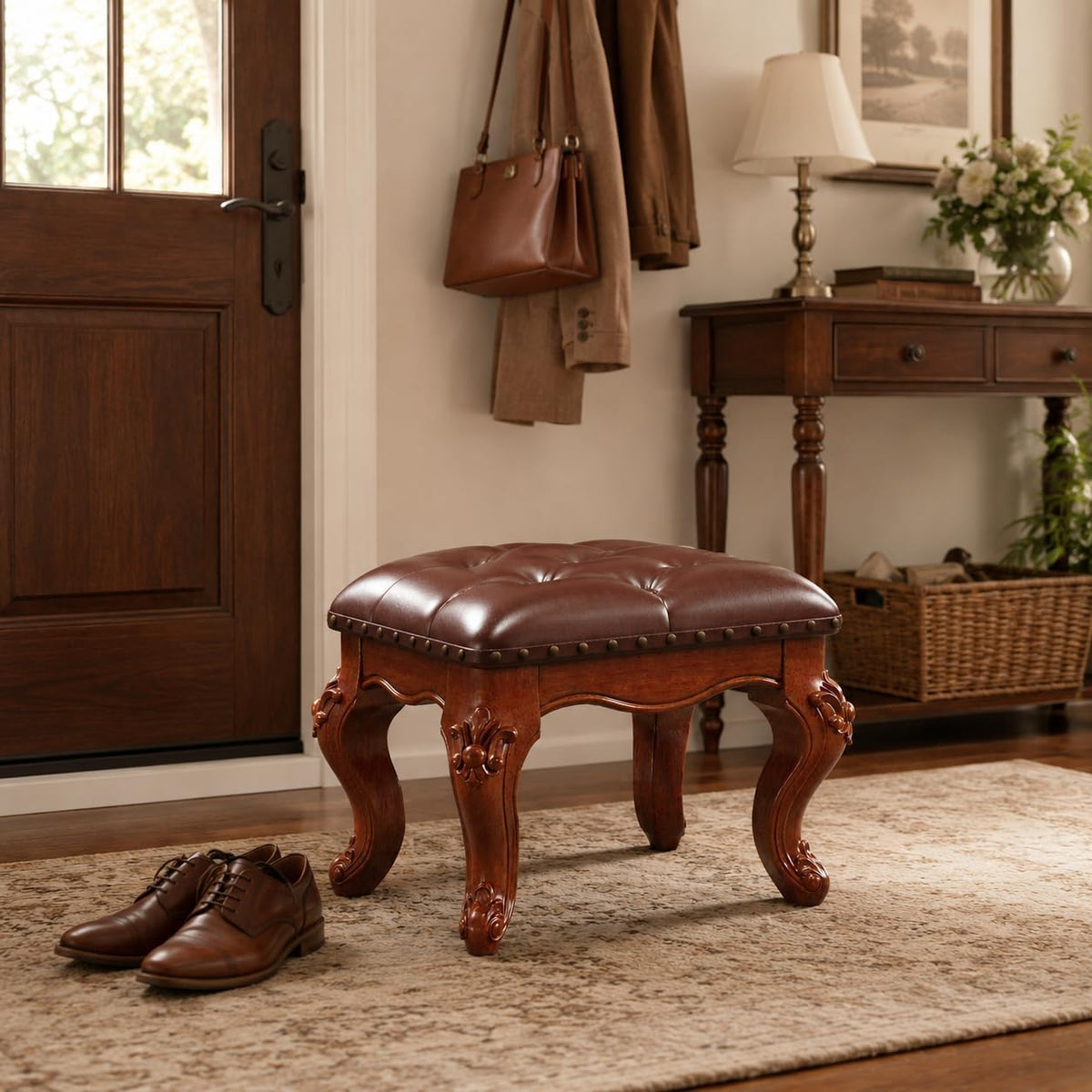 Brown Leather Vanity Stool With Carved Wood Legs