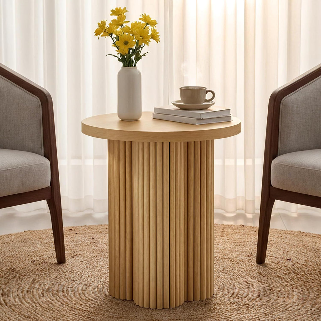 2‑Pack Natural Fluted Round Pedestal Side Tables