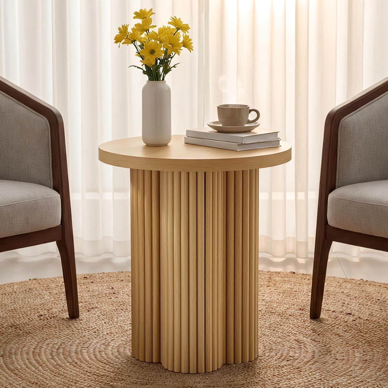 2‑Pack Natural Fluted Round Pedestal Side Tables