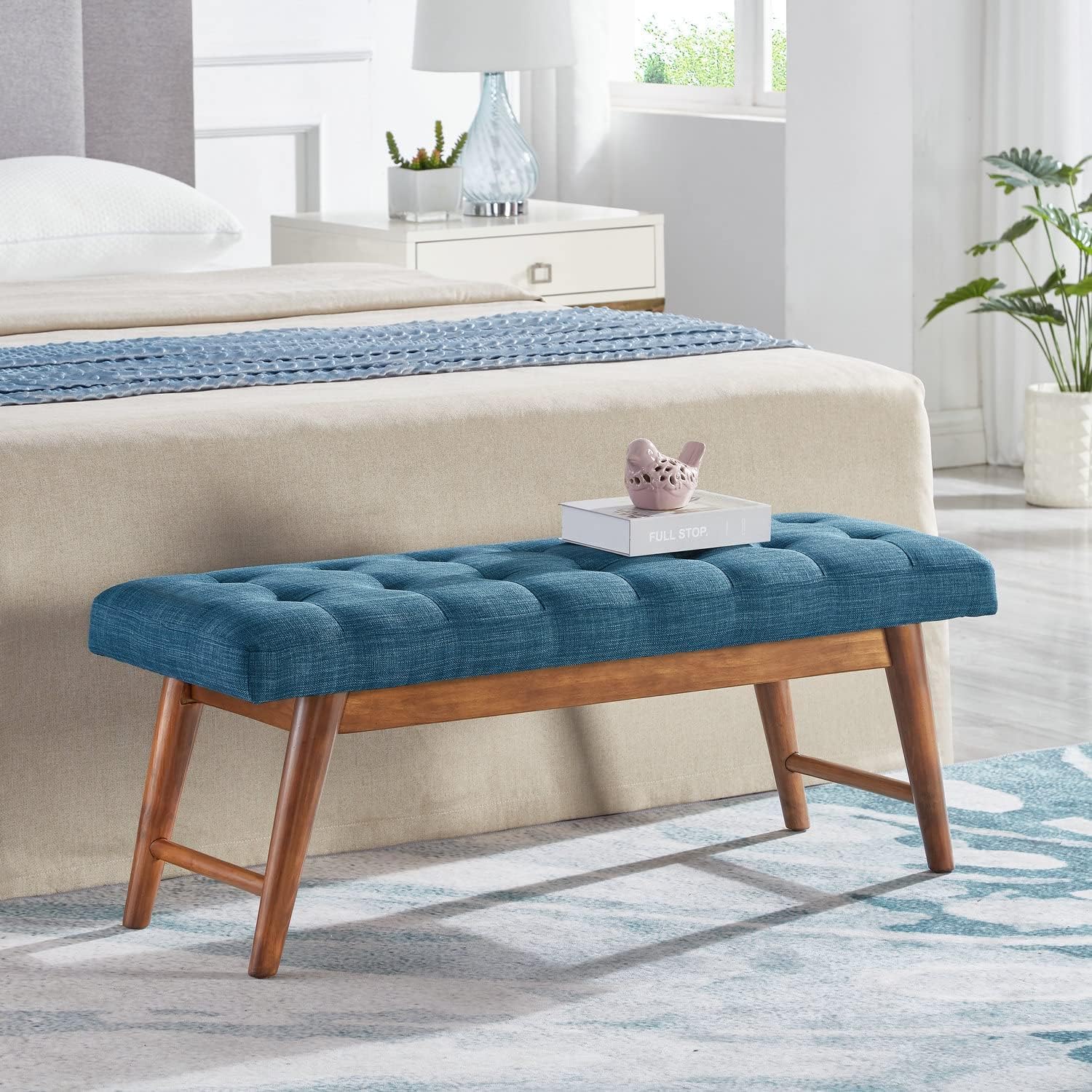 Blue Button Tufted Bench
