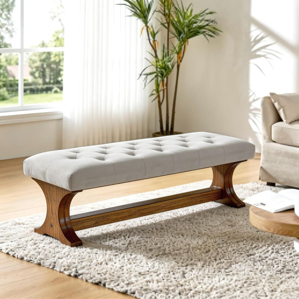 Light Gray Tufted Wood Bench