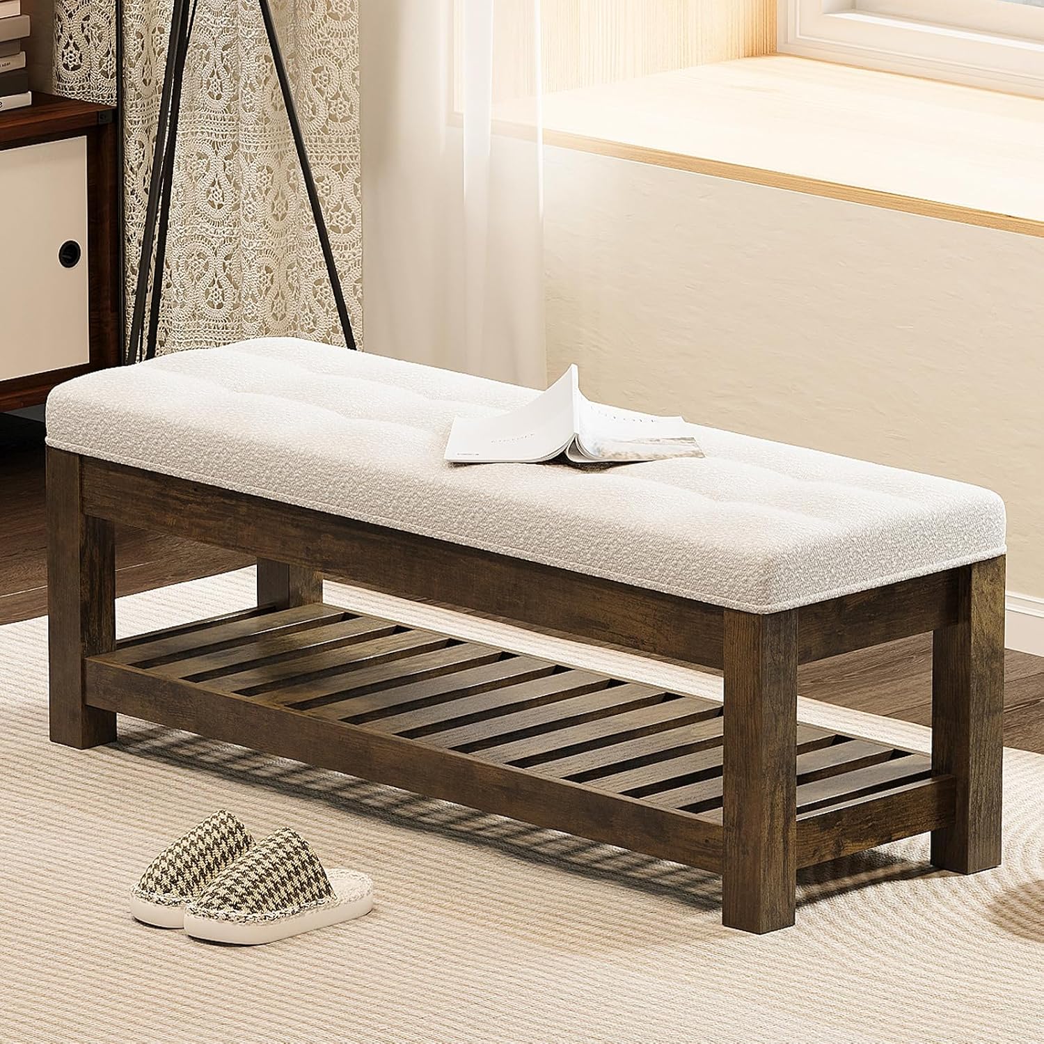 47.2" Tufted Linen Storage Ottoman Bench