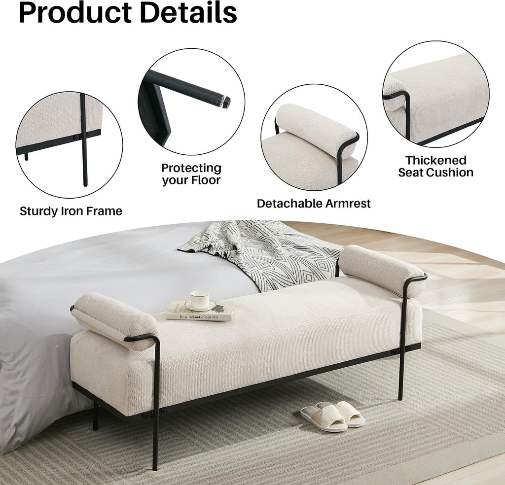 Beige Chenille Bench With Metal Legs