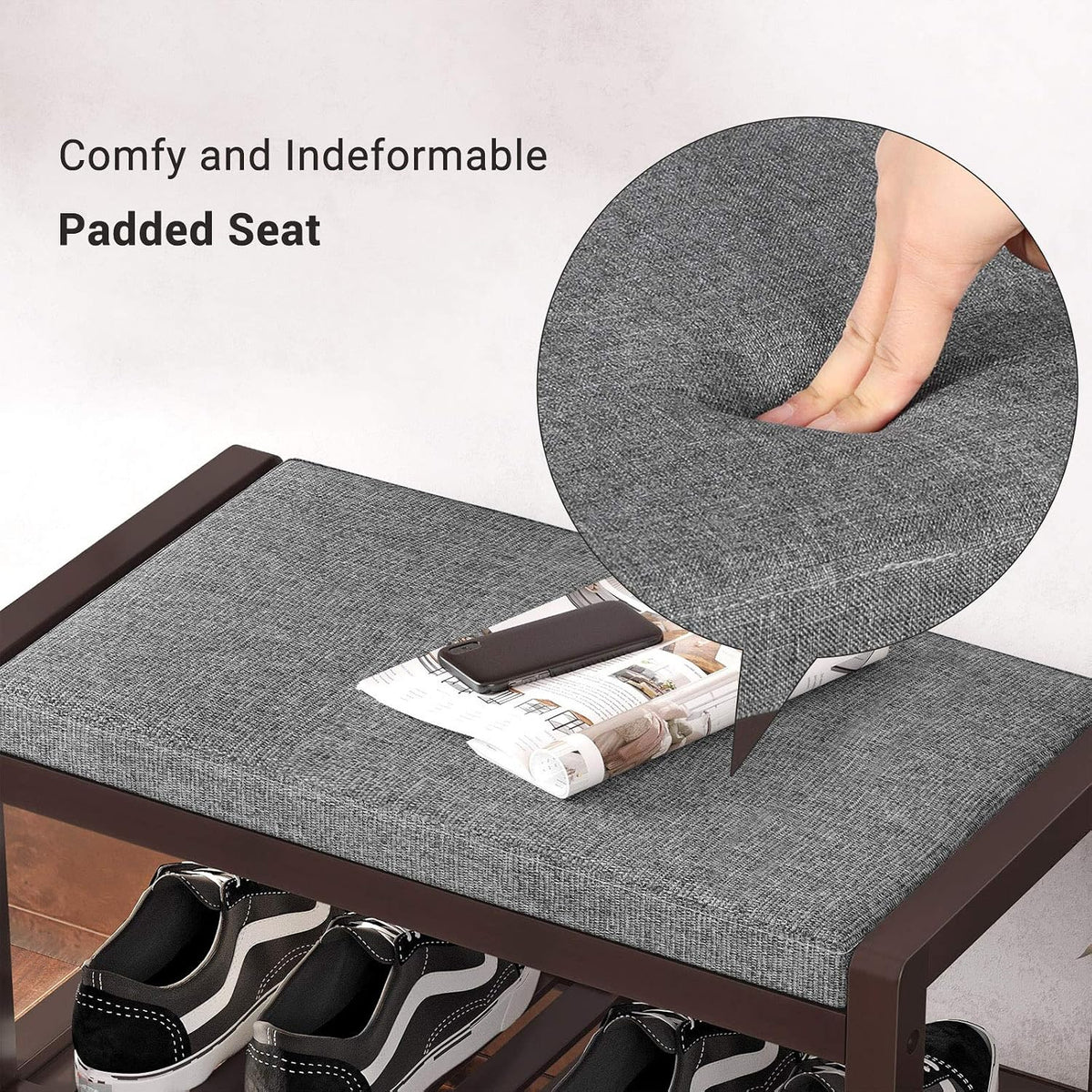 Gray Brown Shoe Rack Bench With Cushion