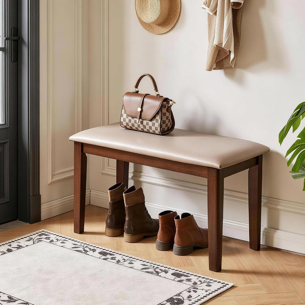 31.1" Leather Wood Entryway Shoe Bench