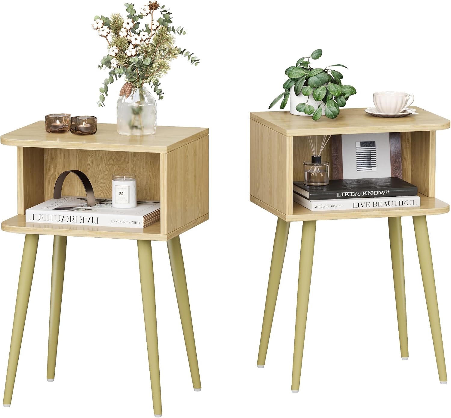 2‑Pack Mid Century Open Storage Nightstands Natural