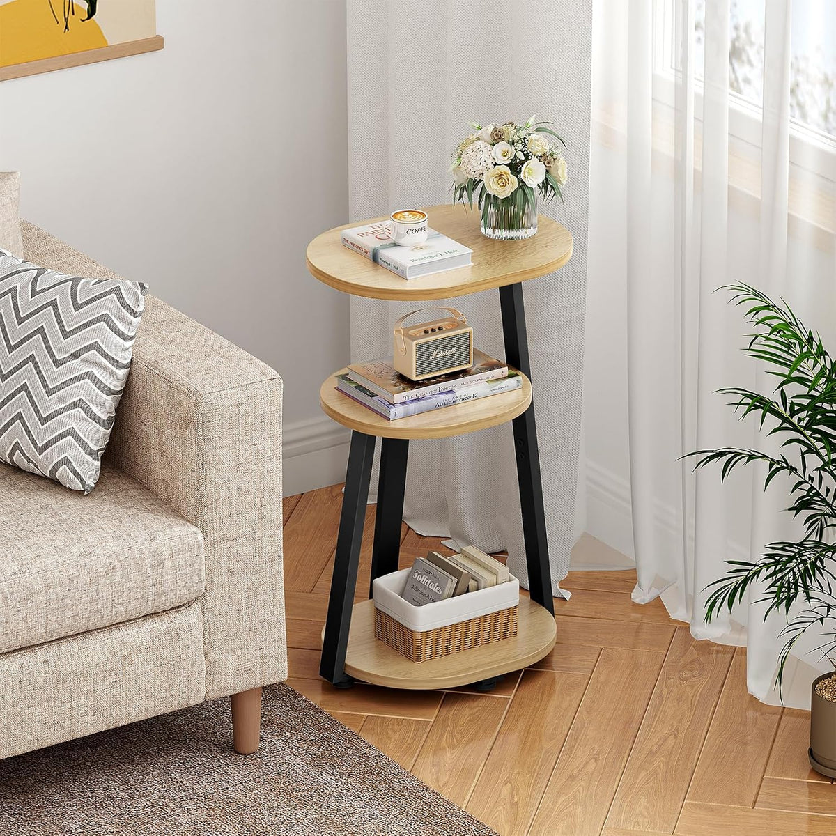 Oval Oak 3‑Tier Metal Frame Side Table