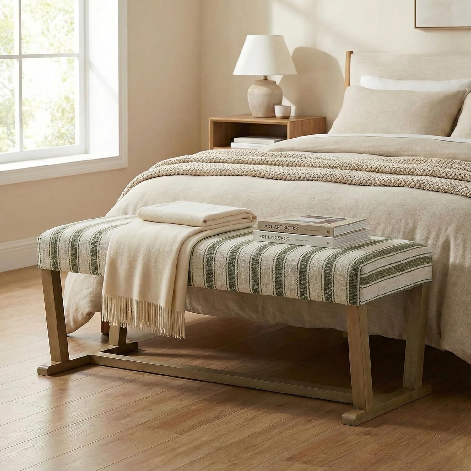 Green Stripe Entryway Bench With Rubberwood Legs