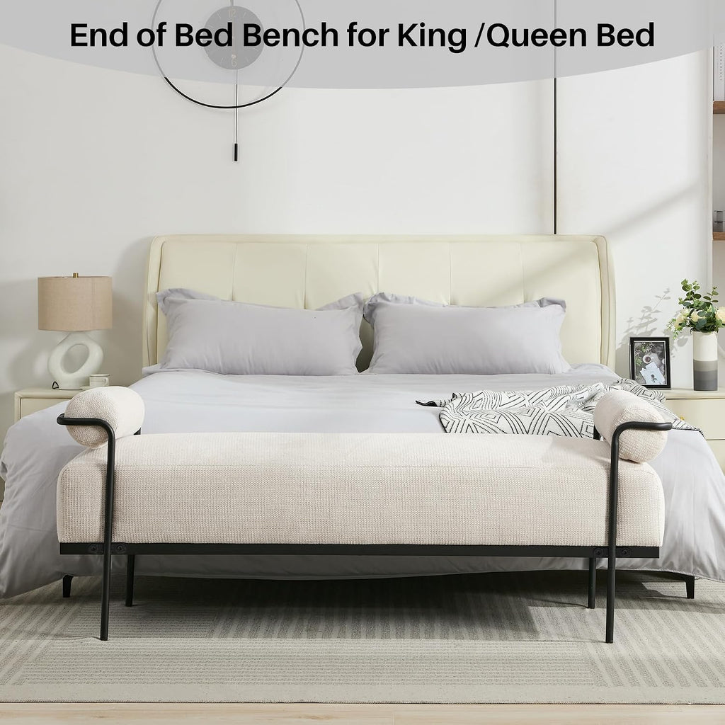 Beige Chenille Bench With Metal Legs