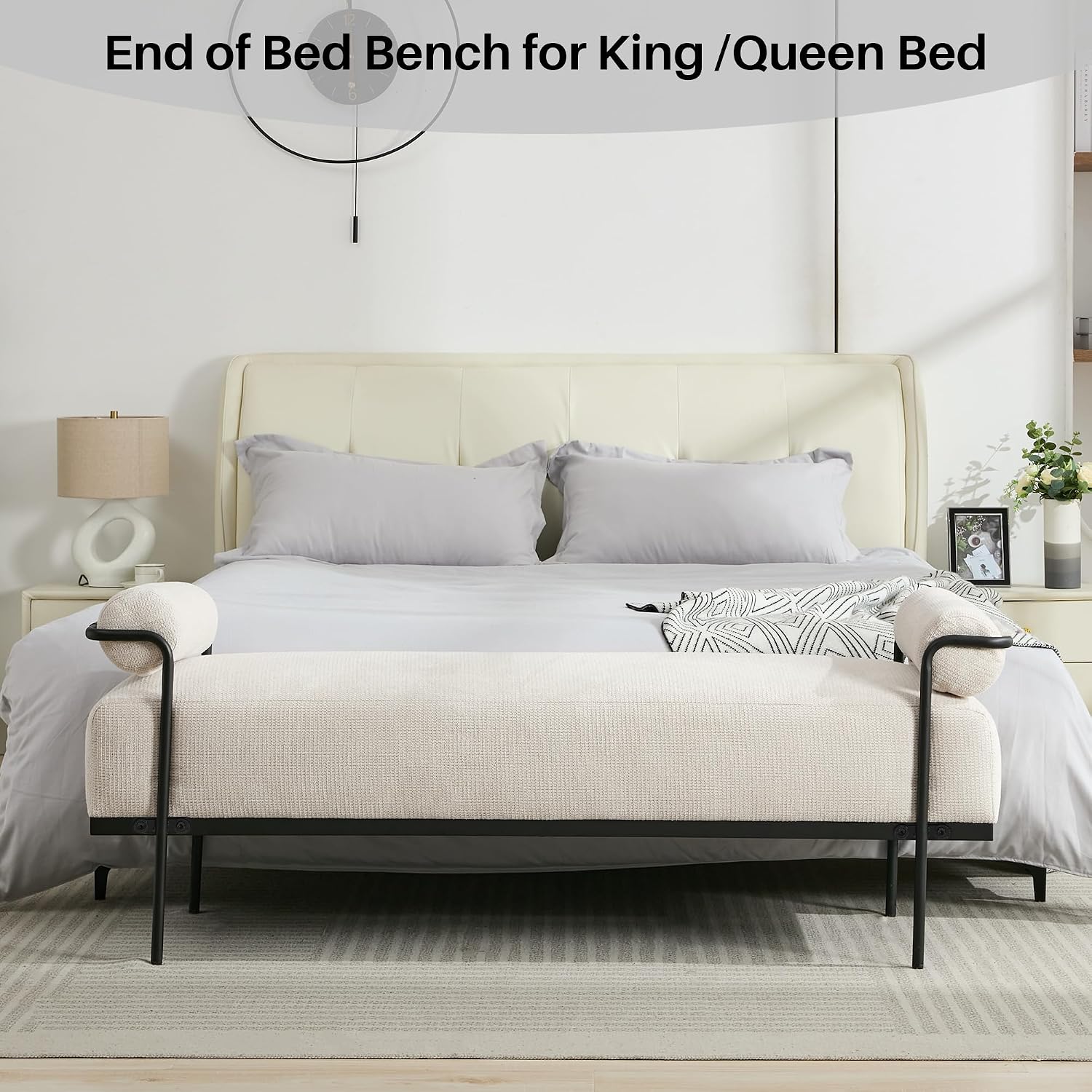 Beige Chenille Bench With Metal Legs