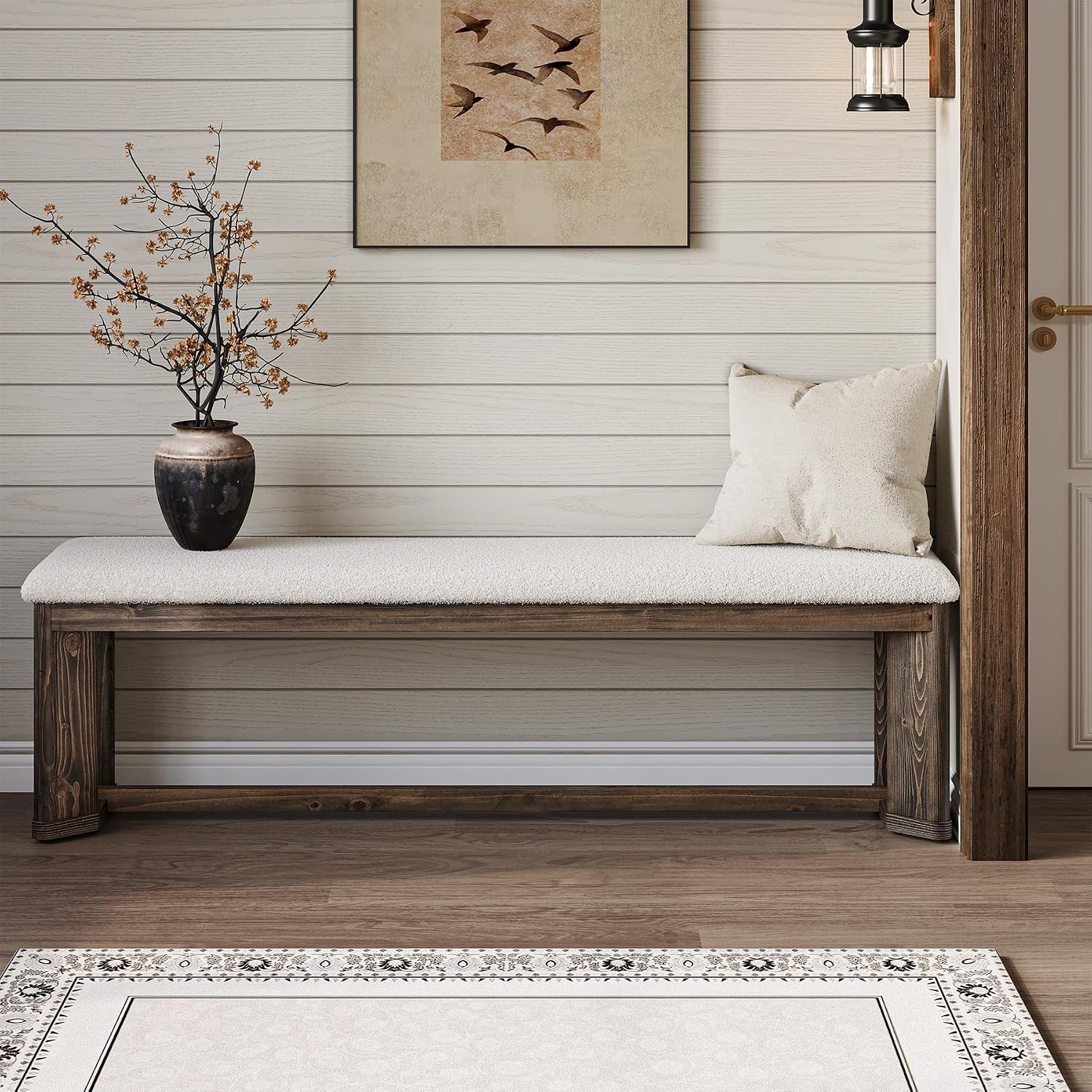 Faux Lamb Fur Bench Brown Wood Legs