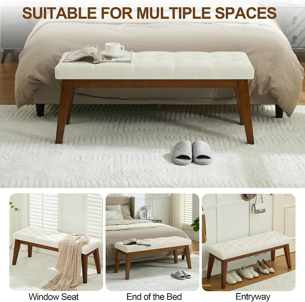 Beige Tufted Linen Wood Bench