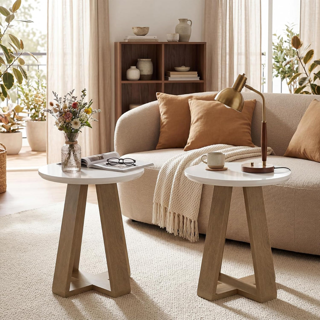 2‑Pack Round Side Tables Brown & White