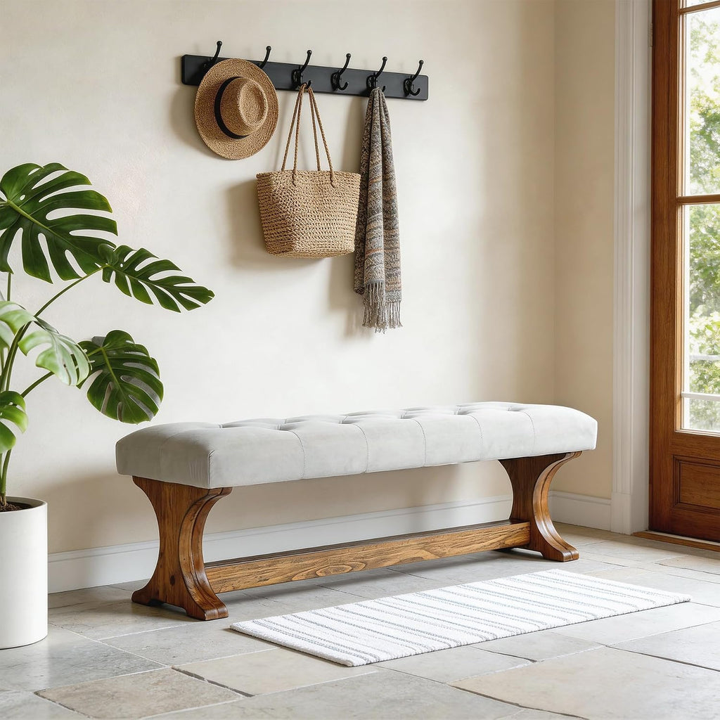 Light Gray Tufted Wood Bench
