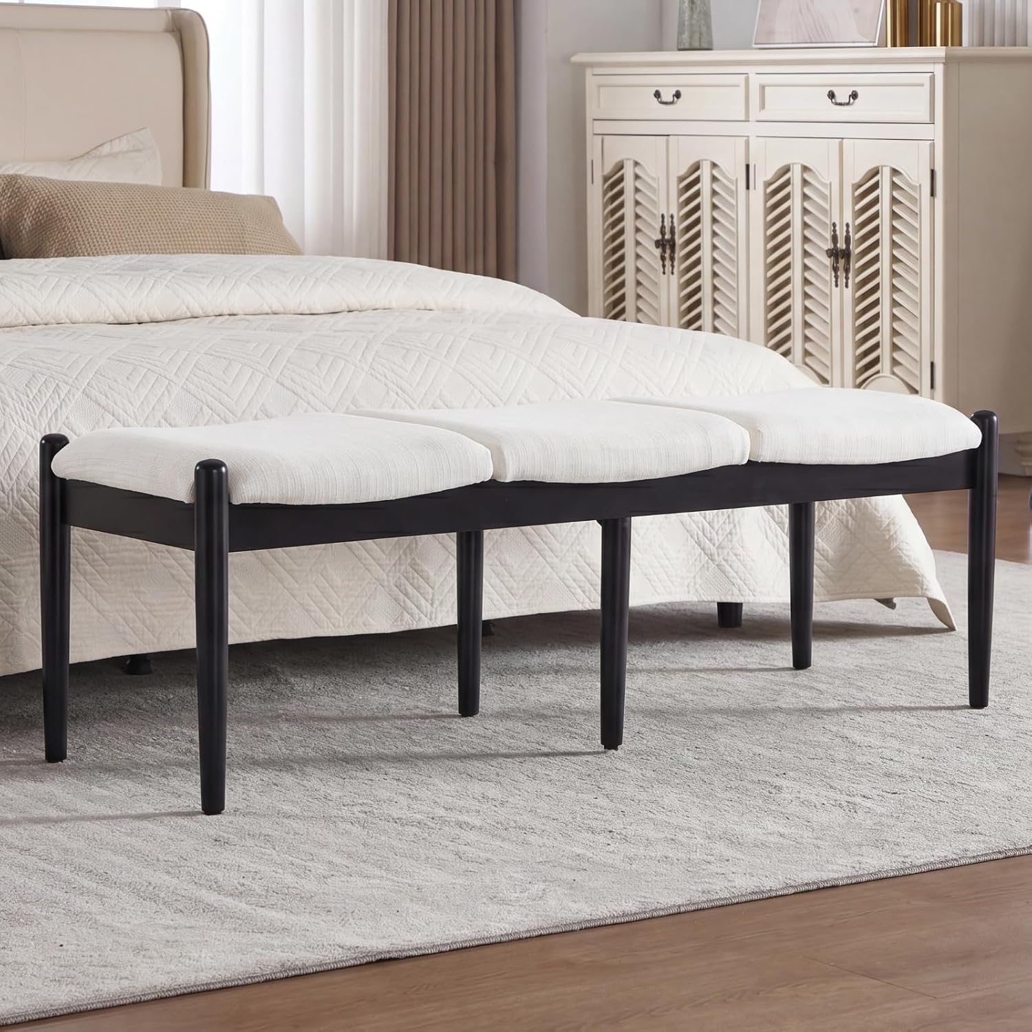 54 Inch White Linen Bench With Wood Legs