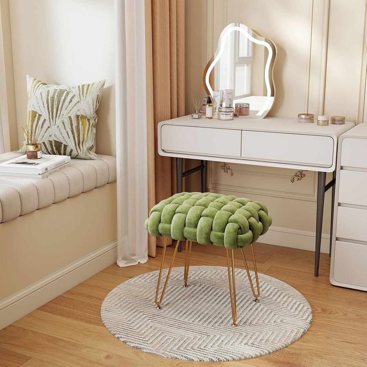 Modern Velvet Vanity Stool With Gold Metal Legs