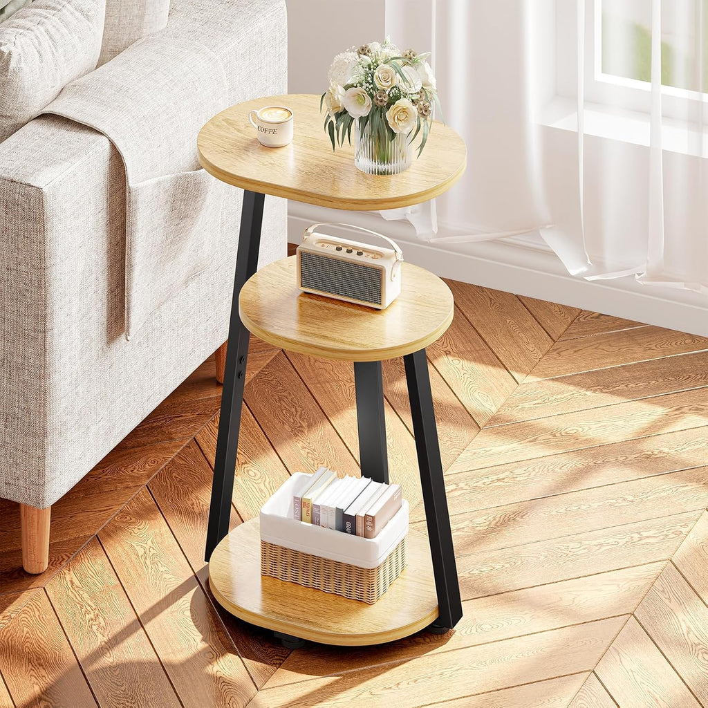 Oval Oak 3‑Tier Metal Frame Side Table