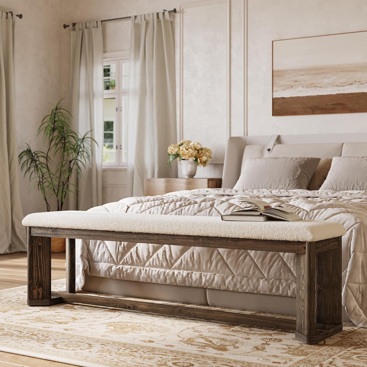 Faux Lamb Fur Bench Brown Wood Legs