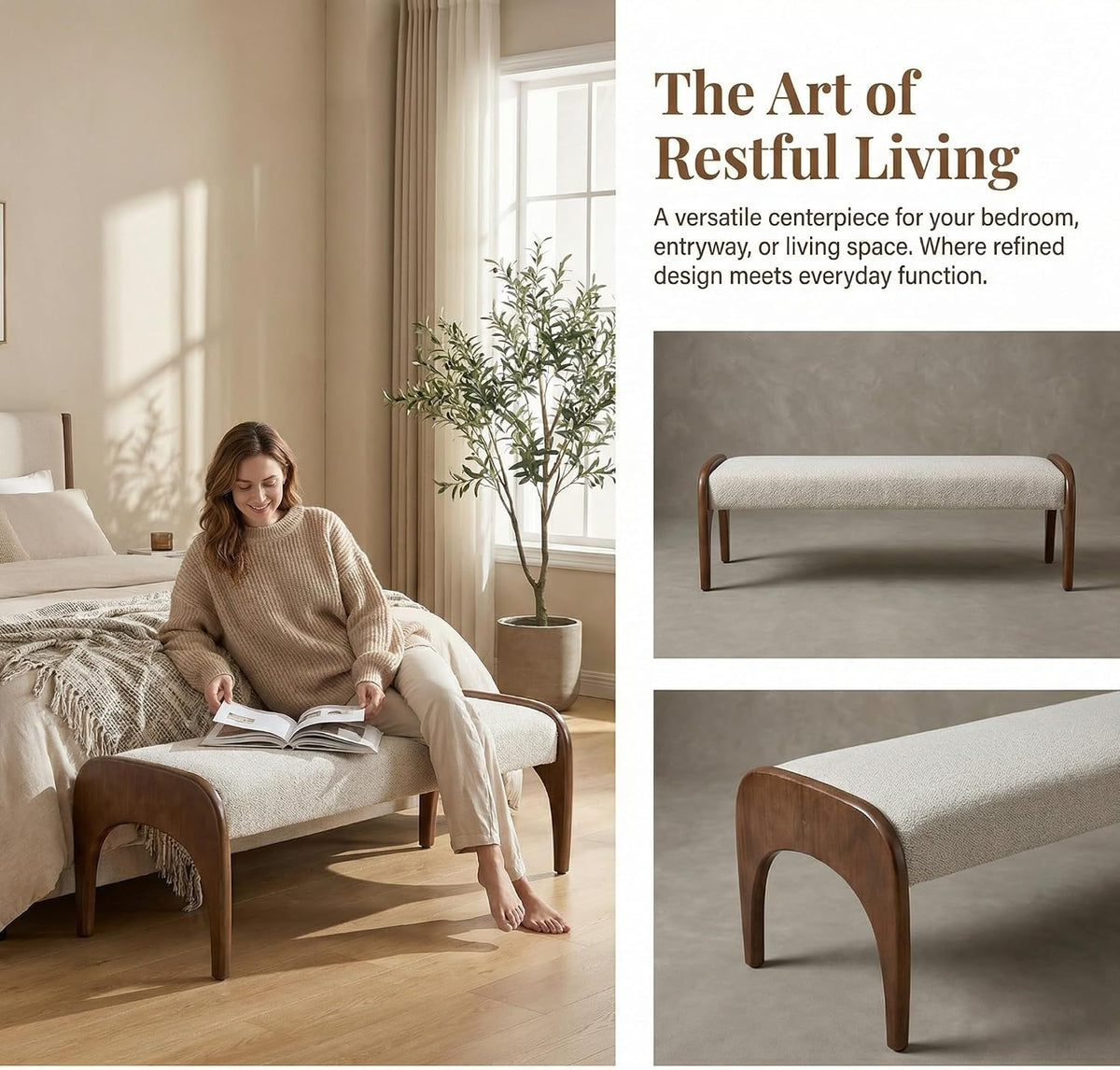 Beige Fur Bench With Walnut Legs